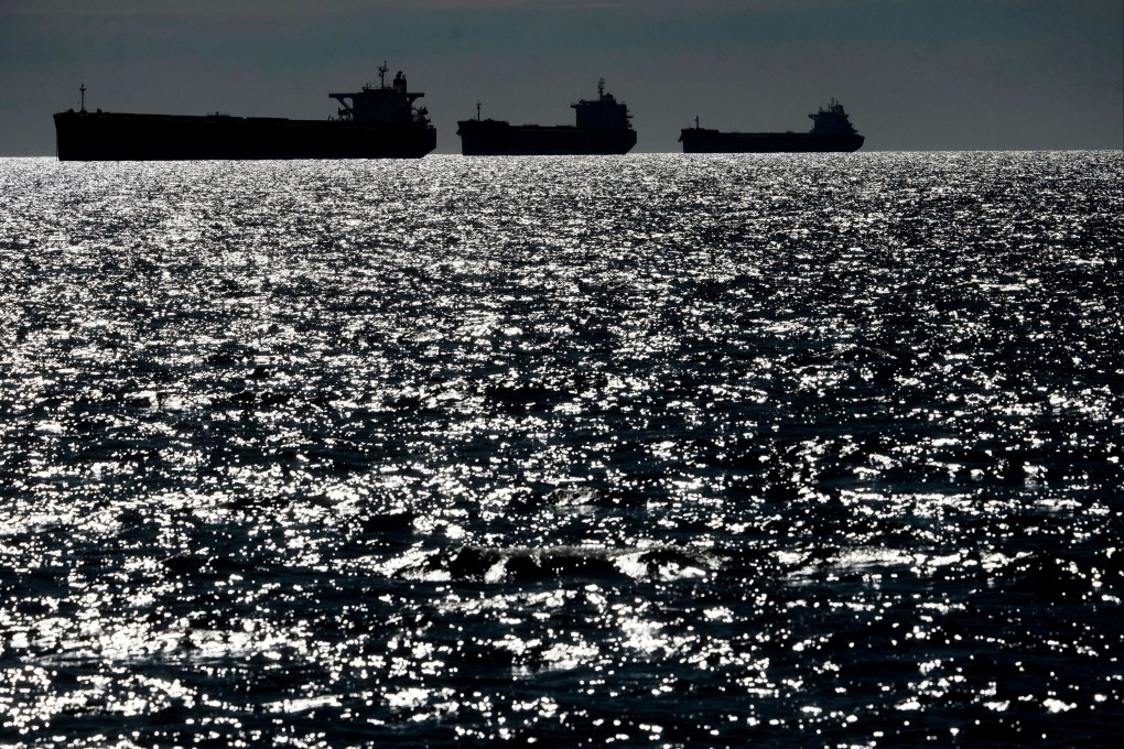 Russia’s “shadow fleet” vessels wait in the unofficial anchorage area in the Gulf of Finland near Vaindloo, Estonia, on April 10. Photo: Reuters