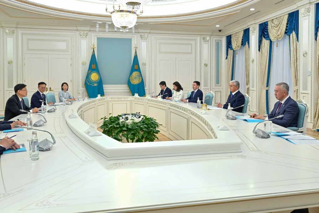 Hong Kong Chief Executive John Lee (left) meets Kazakh President Kassym-Jomart Tokayev (second right), in Astana, Kazakhstan, on June 1, to exchange views on deepening bilateral relations. Photo: Handout