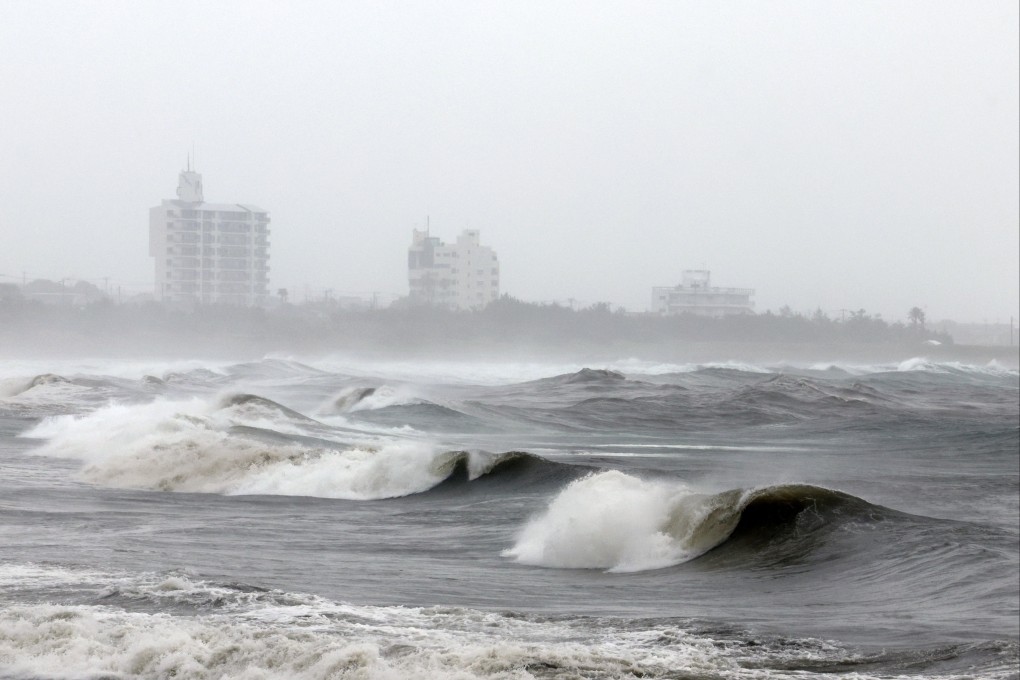 Waves lash the coastline of Minamiboso in Japan’s Chiba Prefecture as Typhoon Jangmi approaches on Wednesday.  Photo: EPA
