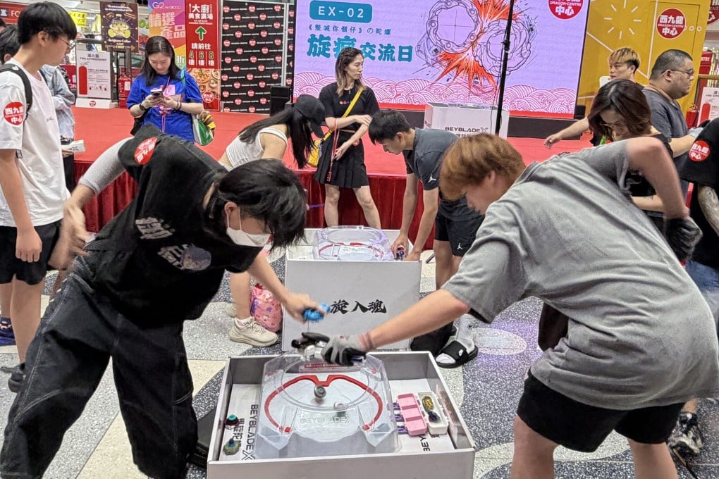 Beyblade X competitors battle before the finals at the Dragon Centre in Sham Shui Po, Hong Kong. Photo: Chloe Loung