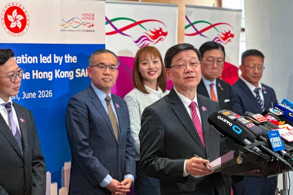 Hong Kong Chief Executive John Lee speaks to the media in Tashkent, Uzbekistan, on Thursday. Photo: Jeffie Lam