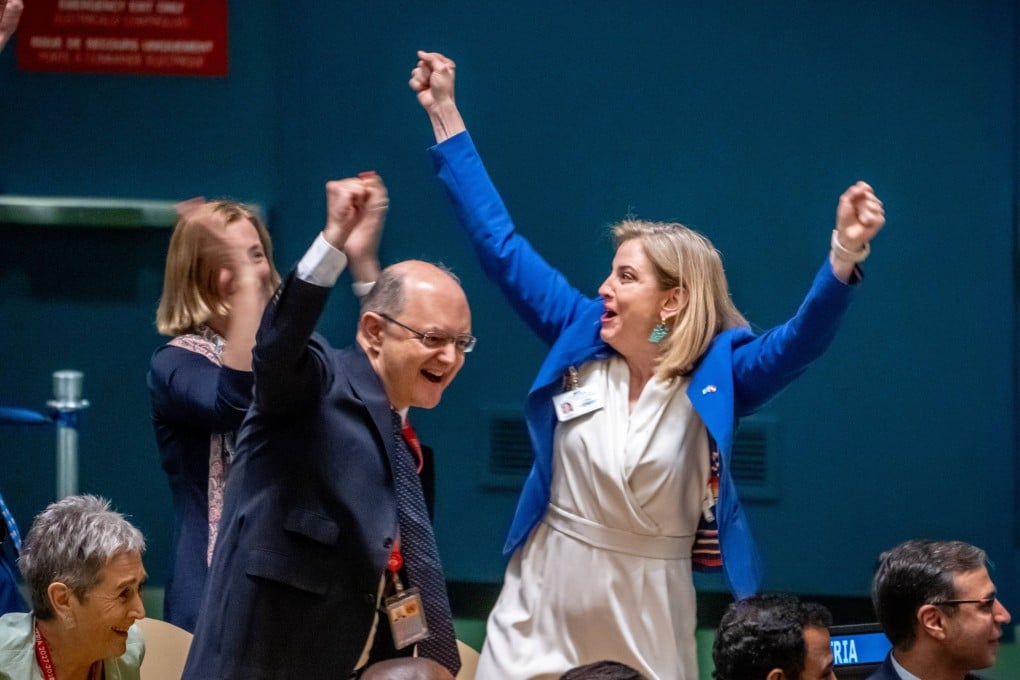 Austrian Foreign Minister Beate Meinl-Reisinger and the Austrian delegation cheer at the United Nations General Assembly during the election of non-permanent members of the UN Security Council on Wednesday. Photo: dpa