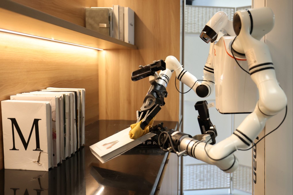 A robot works in a simulated home scenario at the Humanoid Robot Data Training Centre in Shougang Park, in Beijing on March 29, 2026. Photo: Xinhua