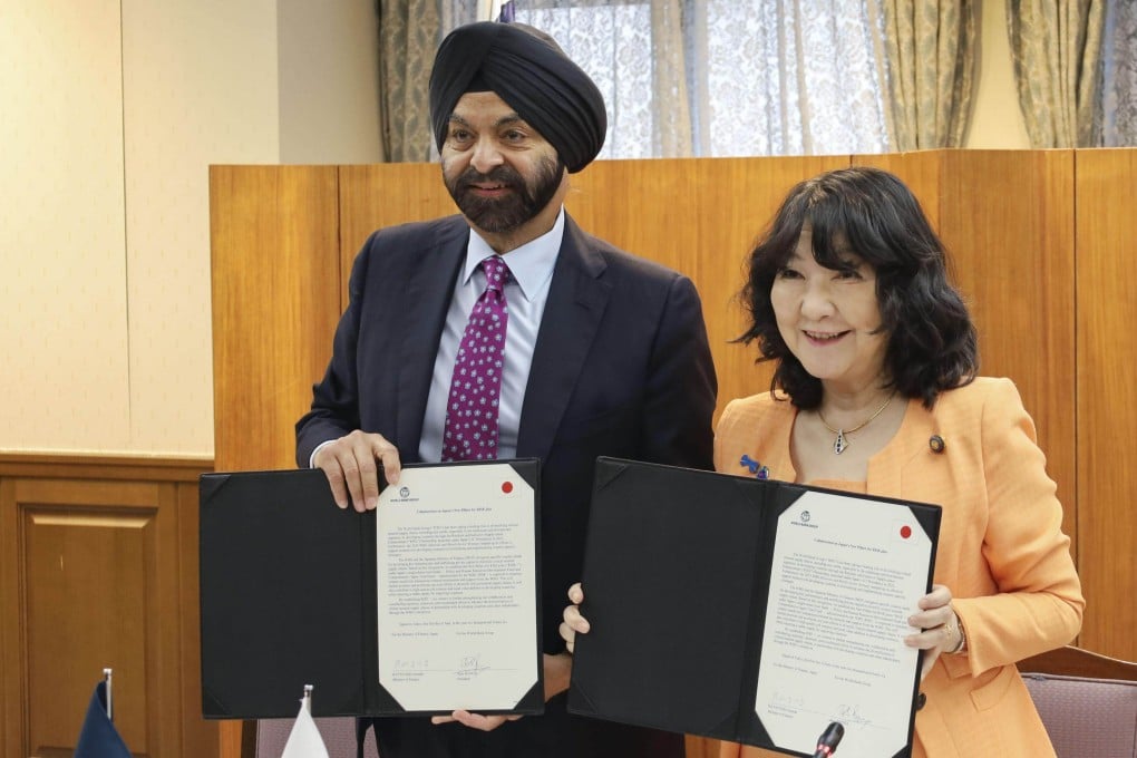 World Bank president Ajay Banga and Japanese finance Minister Satsuki Katayama in Tokyo on June 1. Photo: Kyodo