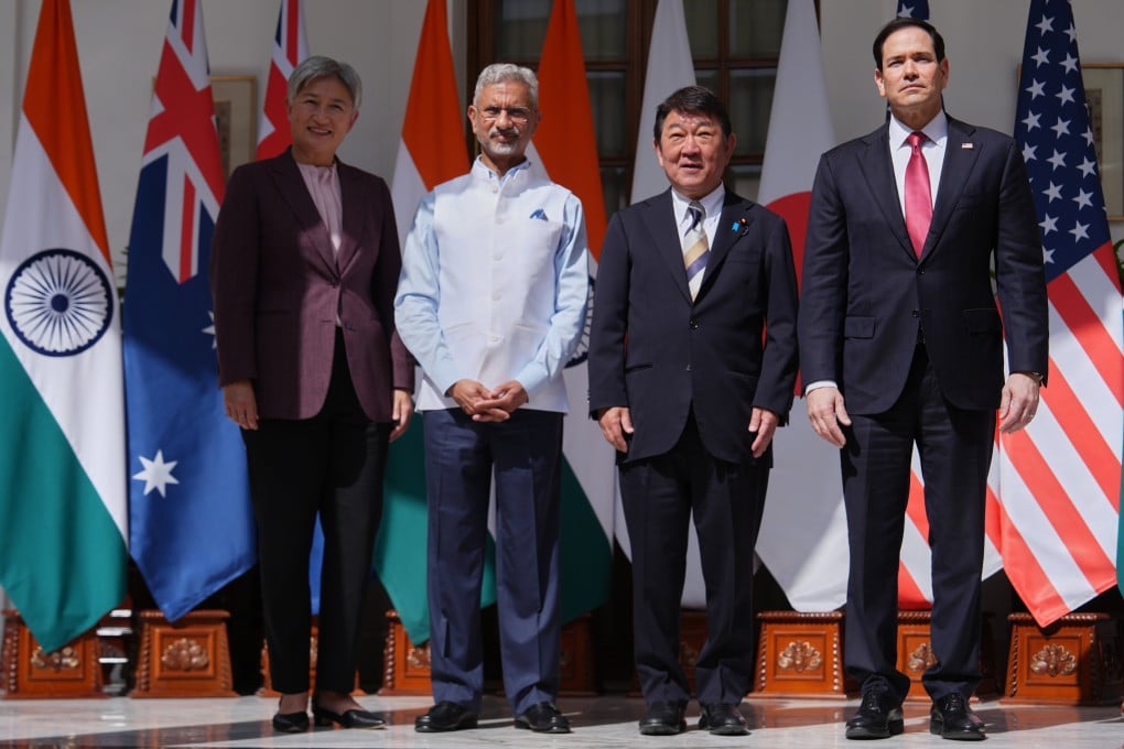 Australian Foreign Minister Penny Wong, India’s Minister of External Affairs S. Jaishankar, Japanese Foreign Minister Toshimitsu Motegi and US Secretary of State Marco Rubio pose before a Quad meeting in New Delhi on May 26. Photo: Julia Demaree Nikhinson/AP