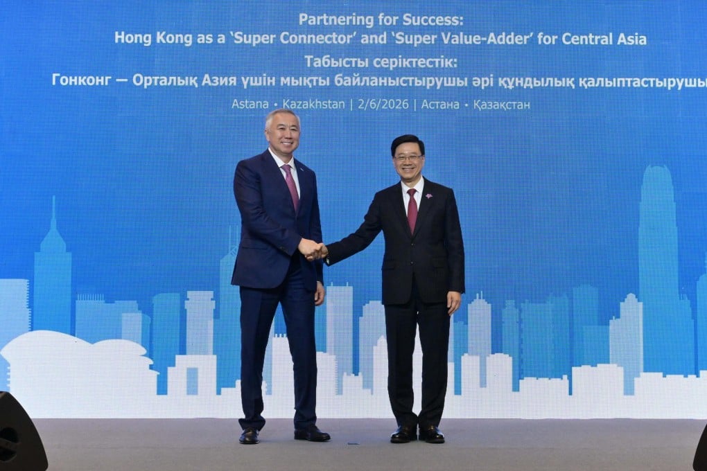Hong Kong Chief Executive John Lee shakes hands with Kazakhstan’s Deputy Prime Minister and Minister of National Economy Serik Zhumangarin in Astana, Kazakhstan on June 2, 2026. Photo: Handout
