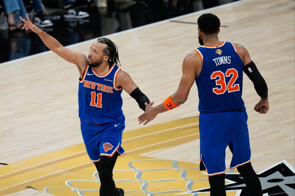 New York Knicks guard Jalen Brunson (left) celebrates a three pointer with centre Karl-Anthony Towns during the second half of Game 2. Photo: AP