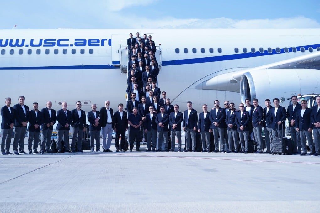 Members of Iran’s football team before departing from Antalya Airport in Turkey for Tijuana, Mexico, to compete in the Fifa World Cup. Photo: EPA