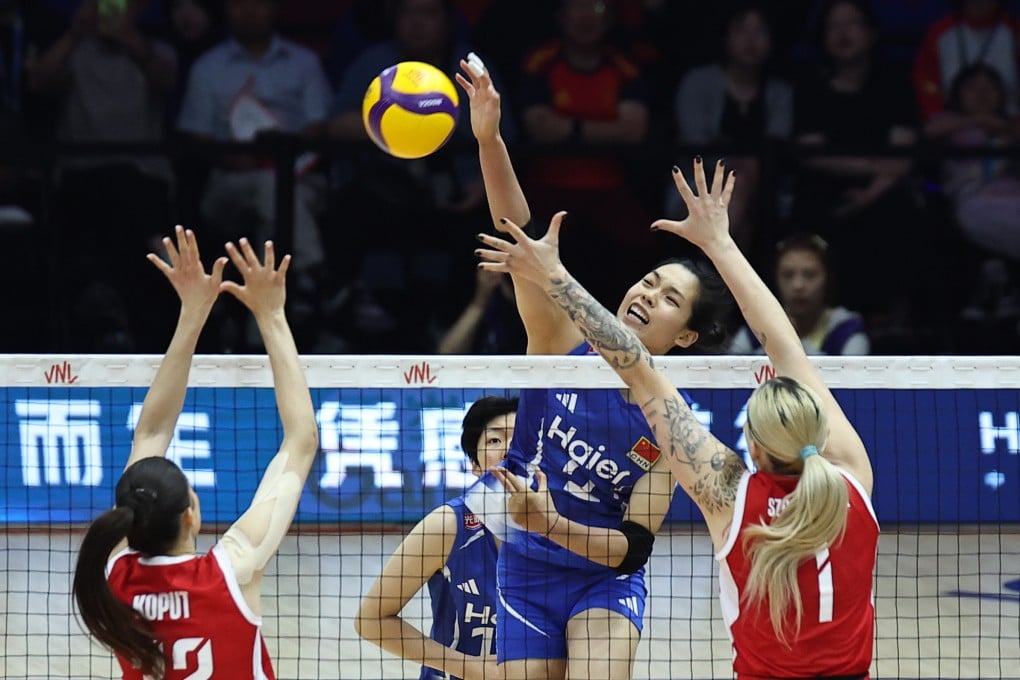 Zhuang Yushan spikes the ball during China’s Volleyball Nations League win over Poland in Nanjing on Sunday. Photo: Getty Images
