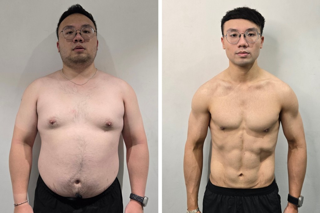 Hong Kong executive Keizer Cheng in August 2024 (left) and in March 2025 after losing 32kg and trimming his body fat to 12.5 per cent. His fitness journey included a structured fitness programme and a new approach to eating. Photo: onepersonaltraininghk.com