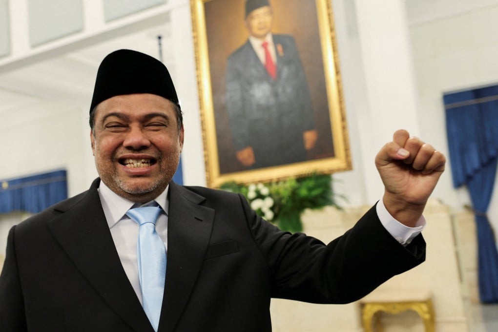 Said Iqbal, Indonesia’s new presidential special advisor for manpower and labour welfare affairs, reacts following his inauguration at the presidential palace in Jakarta on Monday. Photo: Reuters