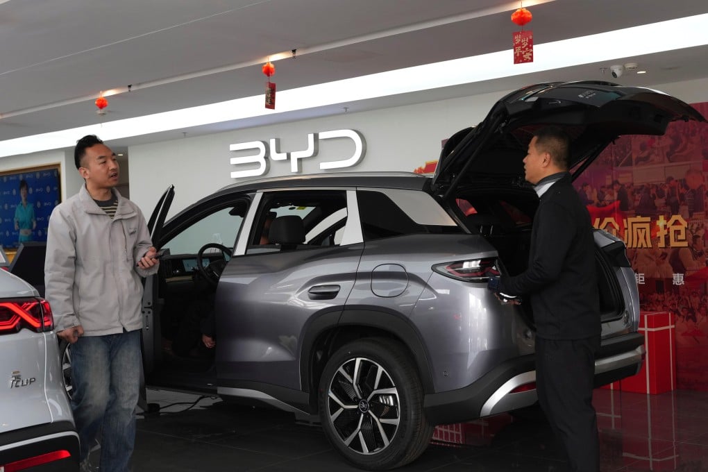 A hybrid vehicle is seen at a BYD showroom in Beijing earlier this year. The Chinese company’s hybrid models are selling increasingly well in Germany. Photo: AP