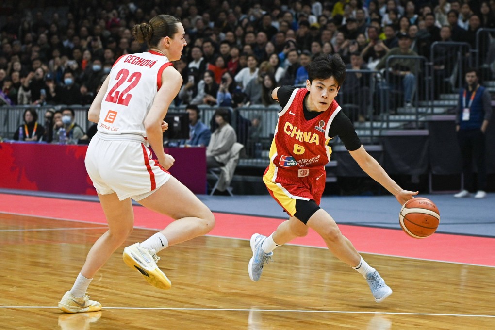 China’s Shuyu Yang (right) dribbling against the Czech Republic at the Fiba Women’s Basketball World Cup qualifying tournament in Wuhan, in March. Photo: AFP