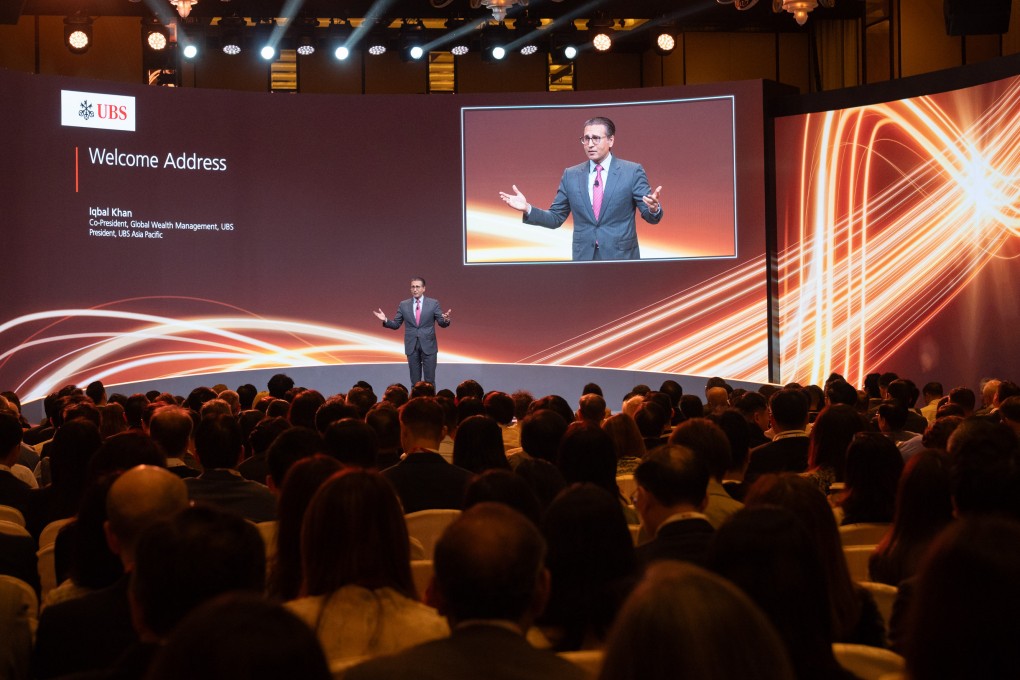 Iqbal Khan, UBS’ co-president of Global Wealth Management and president of UBS Asia-Pacific, addresses the audience at the AIC Wealth Forum in Hong Kong. Photo: Handout