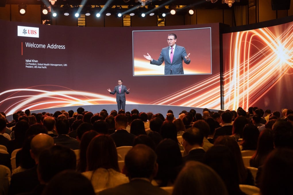 Iqbal Khan, UBS’ co-president of Global Wealth Management and president of UBS Asia-Pacific, addresses the audience at the AIC Wealth Forum in Hong Kong. Photo: Handout