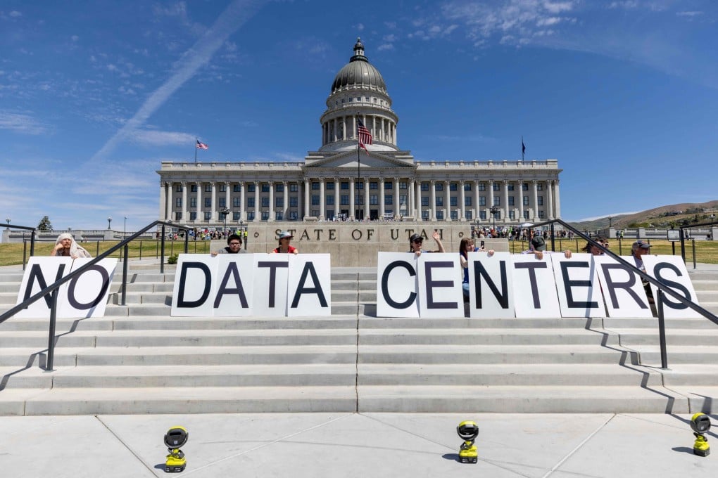 Demonstrators protest against data centres at the Utah State Capitol in Salt Lake City in May. Photo: AFP