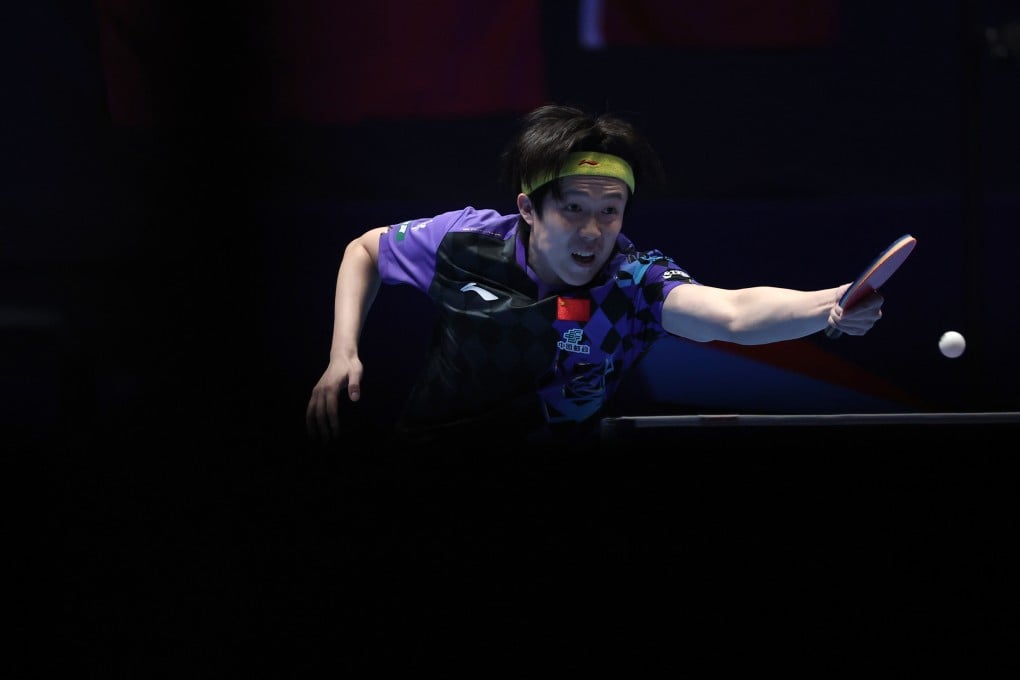 Wang Chuqin hits a return to Matsushima Sora of Japan during the men’s teams final at the World Team Championships in London last month. Photo: Xinhua