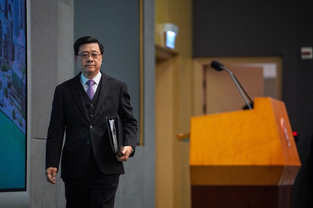 Chief Executive John Lee Ka-chiu arrives to meet the press at the government headquarters in Admiralty on February 10. Photo: Elson Li