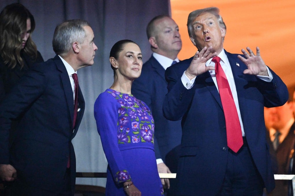 (From left) Canada’s Prime Minister Mark Carney, Mexico’s President Claudia Sheinbaum, and US President Donald Trump speak with each other during an event at the Kennedy Centre in Washington in December. Photo: AFP