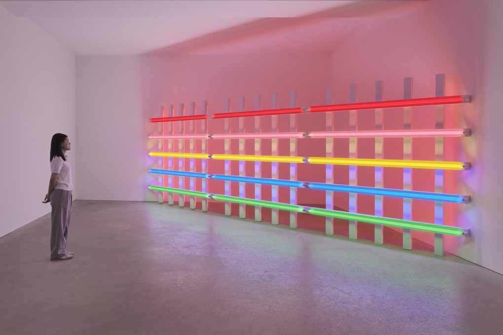 Installation view of Dan Flavin’s 1987 work “untitled (in honor of Leo at the 30th anniversary of his gallery)“ at David Zwirner in Hong Kong’s Central neighbourhood. Photo: David Zwirner