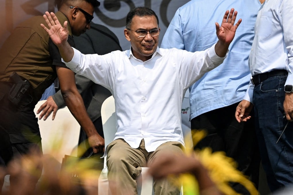 Tarique Rahman (centre), waves to supporters in Dhaka February shortly before his election as Bangladesh’s prime minister. Photo: AFP