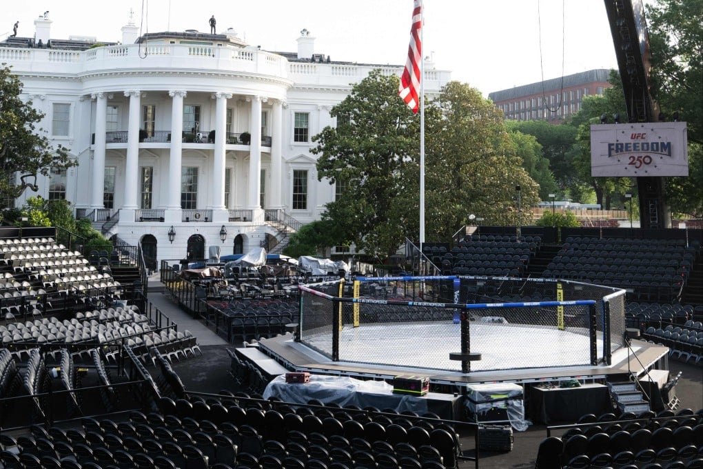 Seating and the fighting enclosure on the South Lawn of the White House for the UFC fights to be held on US President Donald Trump’s 80th birthday on Sunday. Photo: AFP