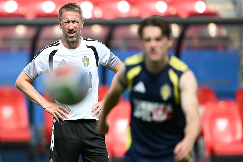 Sweden’s English head coach Graham Potter (left) puts his team through their paces ahead of the match against Tunisia on Sunday. Photo: AFP