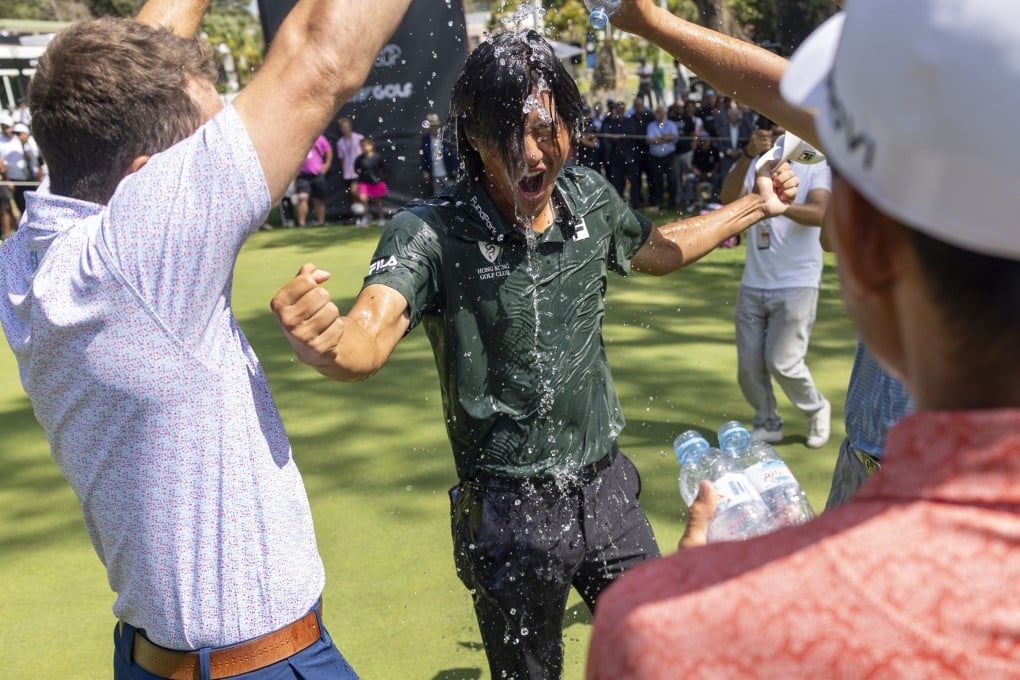 Taichi Kho gets the traditional soaking on the 18th green after winning in Morocco. Photo: Asian Tour