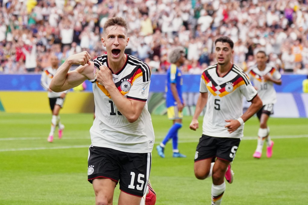 Germany’s Nico Schlotterbeck celebrates scoring his side’s second goal in Houston. Photo: AP