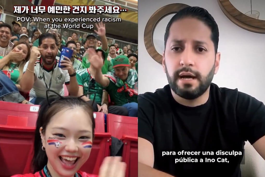 Left: South Korean YouTuber Yoon Su-jin, who posts under the handle InoCat, filming fans at a World Cup match in Guadalajara. Right: A man identified as Ulises Fernando Bernal Miramontes apologising for making an offensive gesture towards her in a later video. Photos: Instagram / inocat_t / latinus_us
