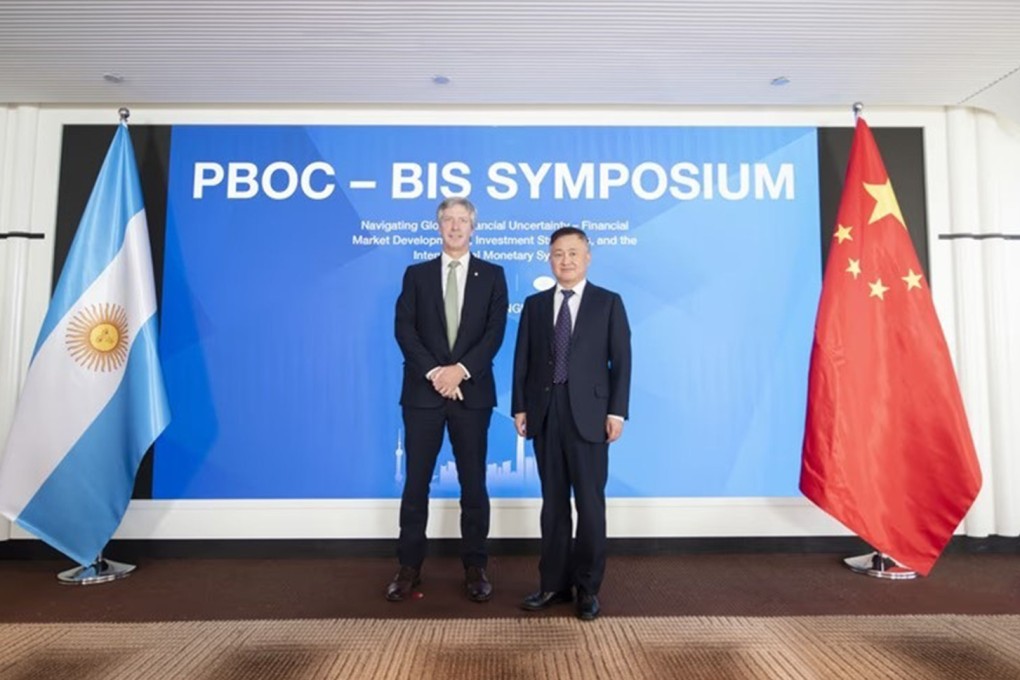 People’s Bank of China governor Pan Gongsheng (right) with Santiago Bausili, the president of the Central Bank of Argentina, at the PBOC-BIS Symposium in Shanghai on Wednesday. Photo: Handout