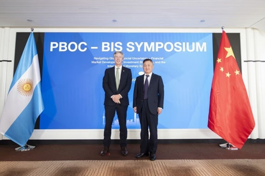 People’s Bank of China governor Pan Gongsheng (right) with Santiago Bausili, the president of the Central Bank of Argentina, at the PBOC-BIS Symposium in Shanghai on Wednesday. Photo: Handout