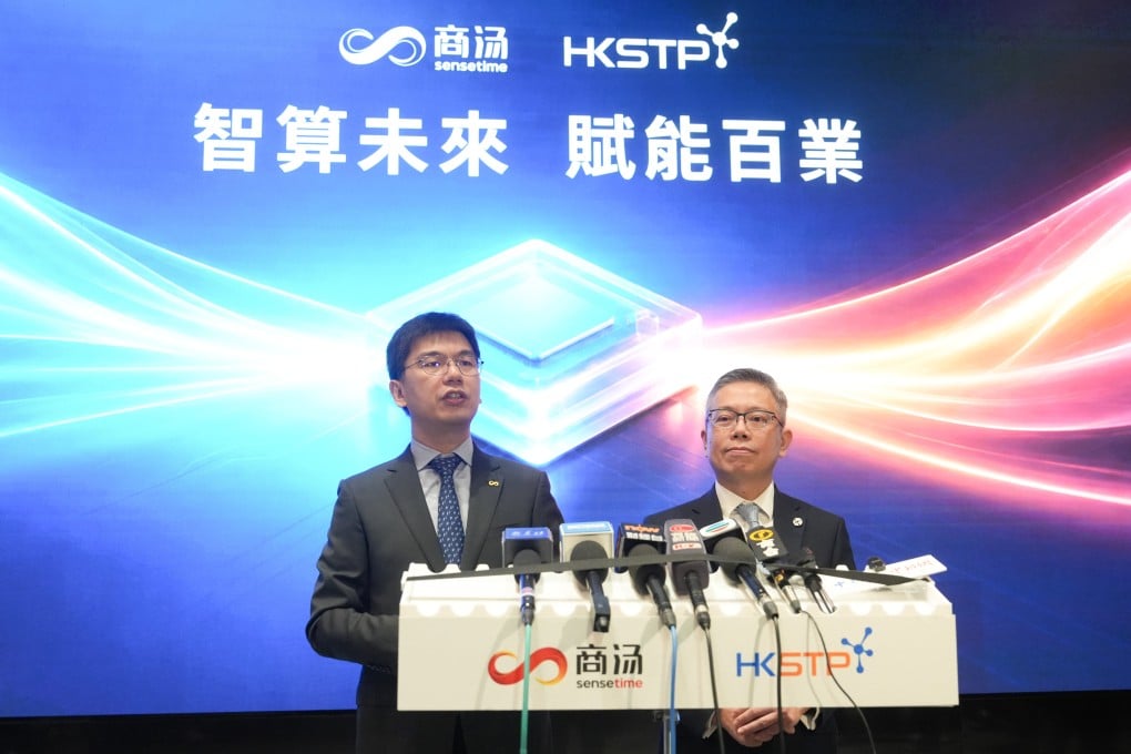 Xu Li, chairman and CEO of SenseTime, left, and Terry Wong, CEO of Hong Kong Science and Technology Parks, attend the signing ceremony for the proposed AI data centre. Photo: Sun Yeung