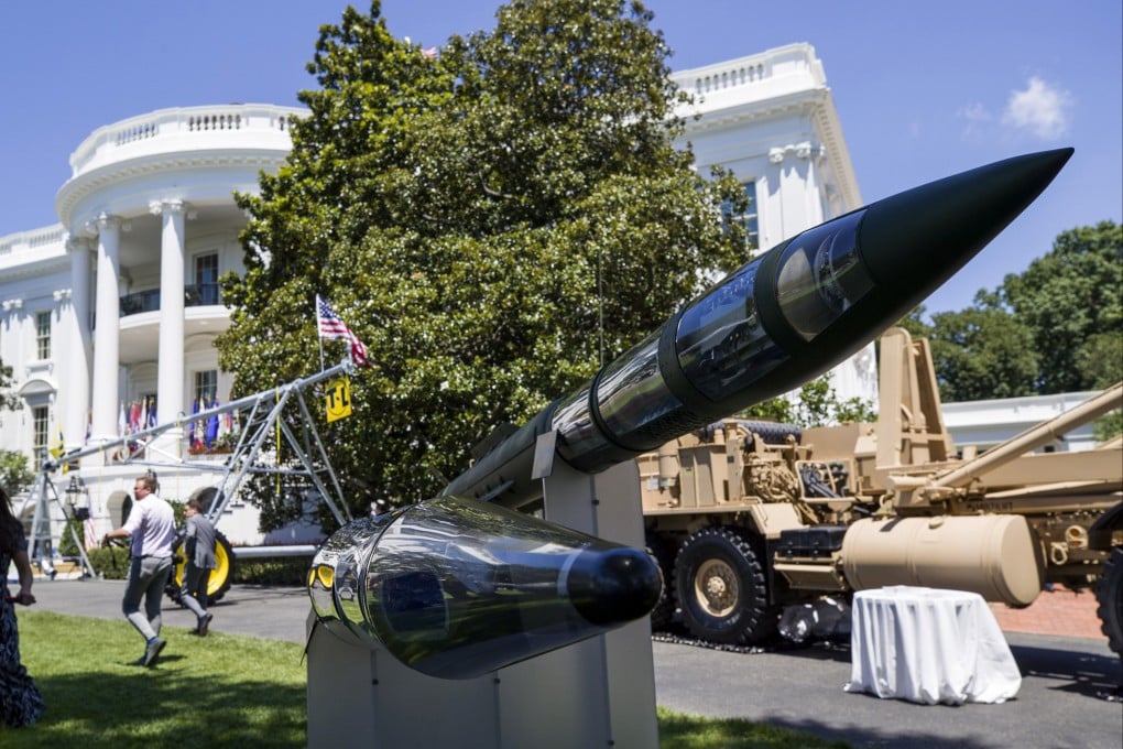 A Terminal High Altitude Area Defence (THAAD) anti-ballistic missile defence system is displayed on the South Lawn of the White House in July 2019. Photo: AP