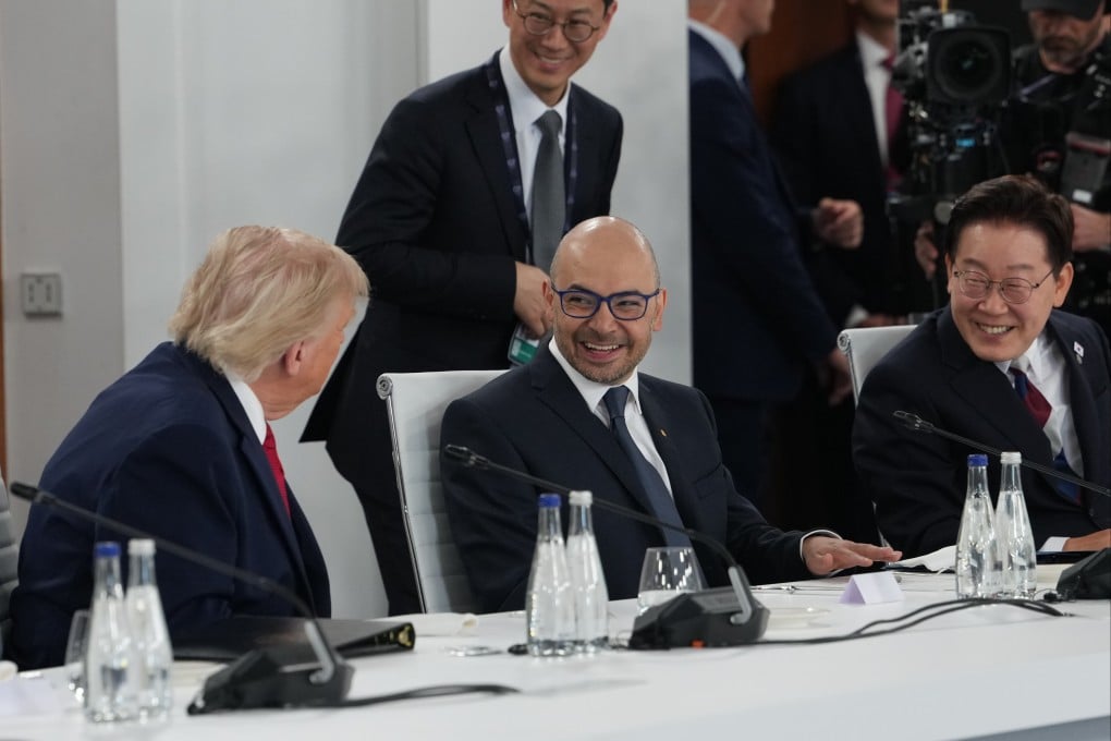 South Korea’s President Lee Jae Myung (right) with US leader Donald Trump and CEO of Google DeepMind Demis Hassabis (centre) during the G7 summit on Wednesday in Evian-les-Bains, France. Photo: Pool AP via AP