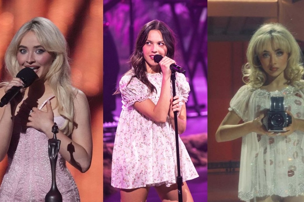 Critics accuse celebrities like Sabrina Carpenter (left and right) and Olivia Rodrigo (centre) of using babydoll dresses to deliberately style themselves as childlike while simultaneously sexualising the look. Photo: dpa/TNS/Instagram
