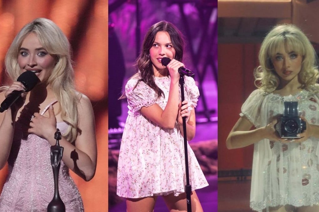 Critics accuse celebrities like Sabrina Carpenter (left and right) and Olivia Rodrigo (centre) of using babydoll dresses to deliberately style themselves as childlike while simultaneously sexualising the look. Photo: dpa/TNS/Instagram