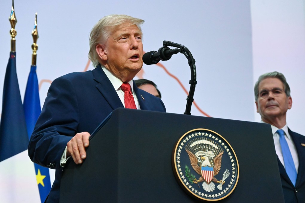 US President Donald Trump speaks during the G7 summit in Evian, France Photo: DPA