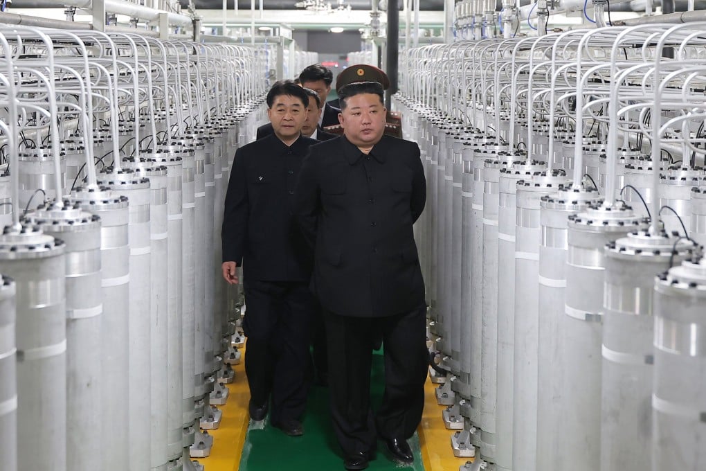 North Korean leader Kim Jong-un (front)  inspects a nuclear materials production factory on June 3. Photo: KCNA/EPA