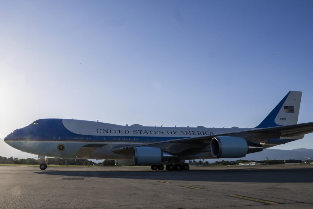 Air Force One prepares to take off from Geneva Airport in Switzerland following the G7 summit in nearby Evian on Wednesday. Photo: EPA