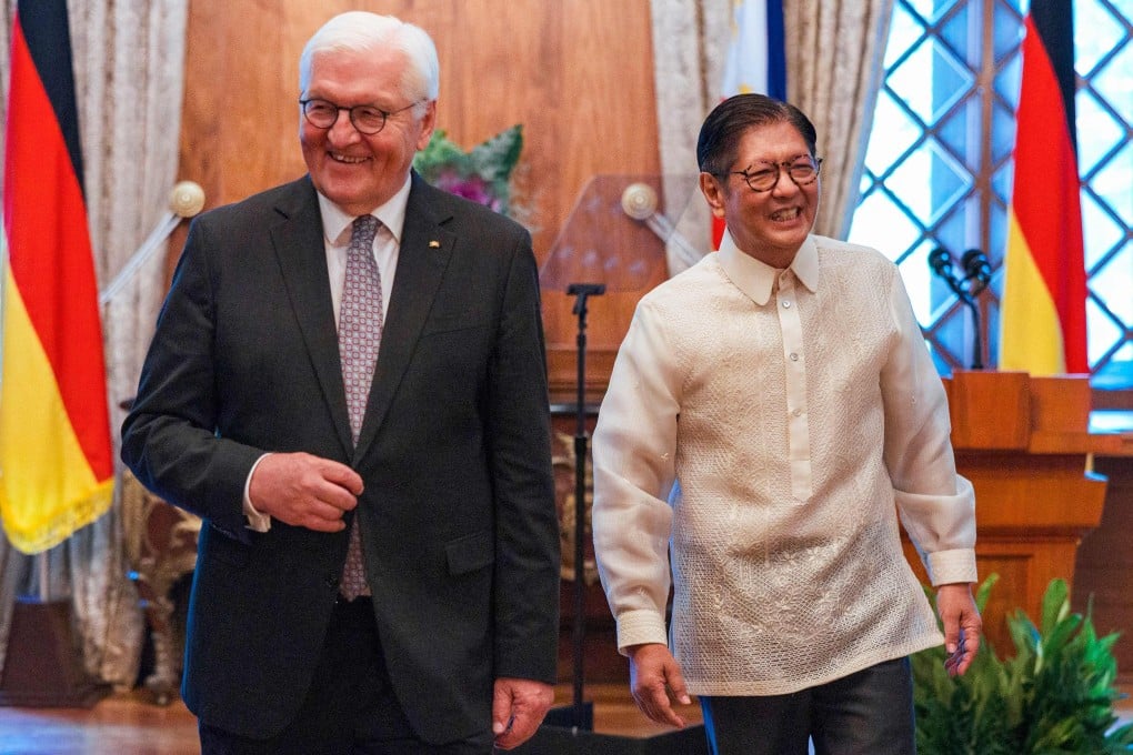 German President Frank-Walter Steinmeier (left) walks with Philippine President Ferdinand Marcos Jnr following a press conference at the Malacanang Palace in Manila on Tuesday. Photo: AFP
