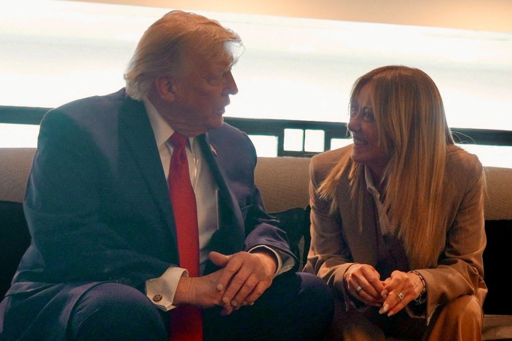US President Donald Trump (left) speaks to Italian Prime Minister Giorgia Meloni on the sidelines of the G7 summit on Wednesday. Photo: Italian Prime Ministry/Reuters