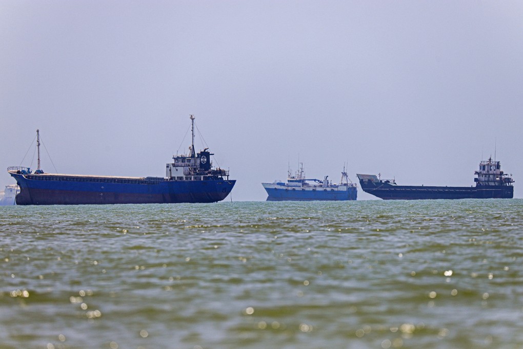 Vessels are anchored  the Strait of Hormuz off Bandar Abbas, Iran, on Thursday. Photo: ISNA/AFP