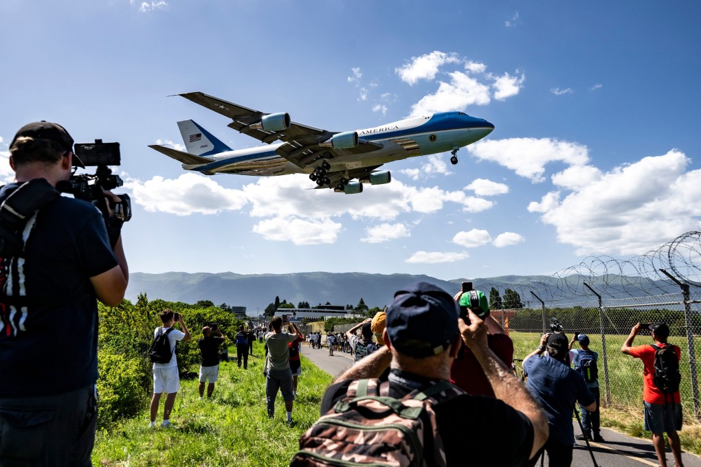 Air Force One landing at Geneva Airport ahead of the G7 summit on Monday. Photo: AP