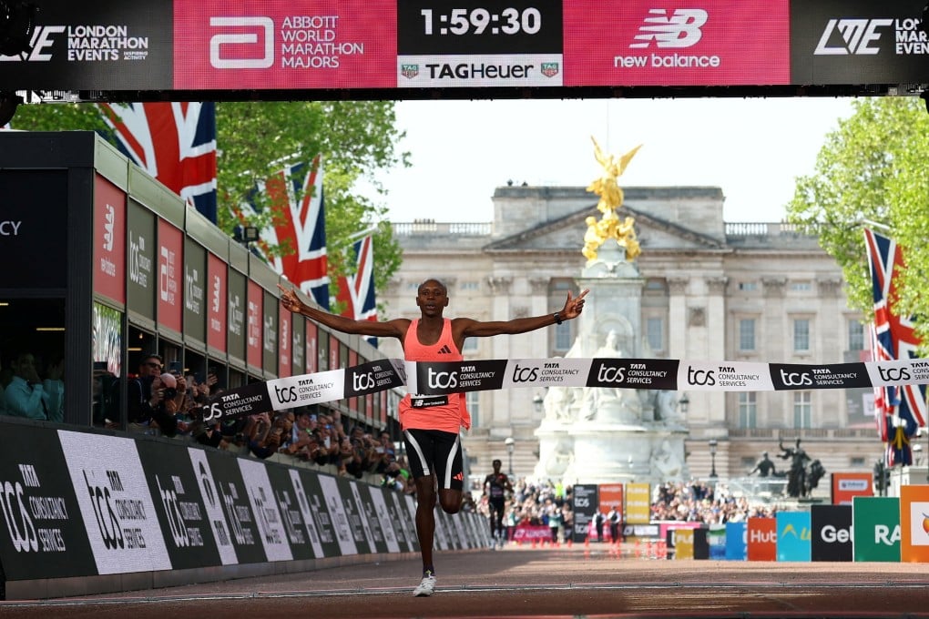 Kenya’s Sabastian Sawe crosses the finish line to win the London Marathon in a world-record time. Photo: Reuters