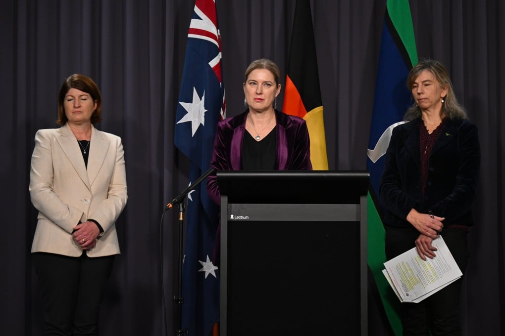 Australian Agriculture Minister Julie Collins (centre) speaks during a press conference in Canberra on Saturday. A confirmed case of H5 bird flu variant was detected in Australia for the first time.  Photo: EPA