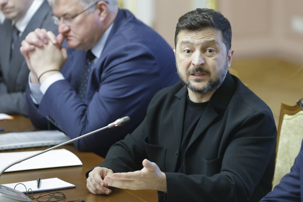 Ukrainian President Volodymyr Zelensky speaks during a meeting in Kyiv on Friday. Photo: EPA