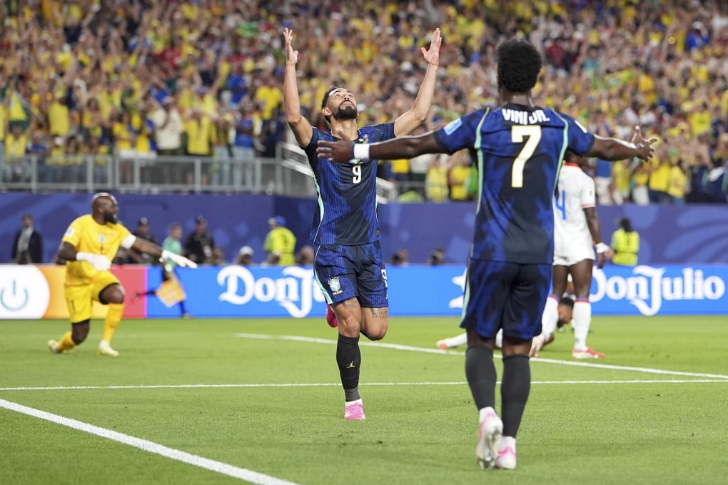 Matheus Cunha of Brazil celebrates scoring against Haiti at the World Cup. Photo: Xinhua
