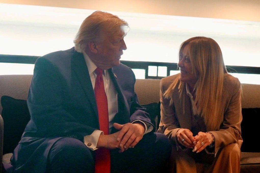 US President Donald Trump (left) with Italian Prime Minister Giorgia Meloni on the sidelines of the G7 Summit in Evian-les-Bains, France, on Wednesday. Photo: Italian Prime Ministry/handout via Reuters