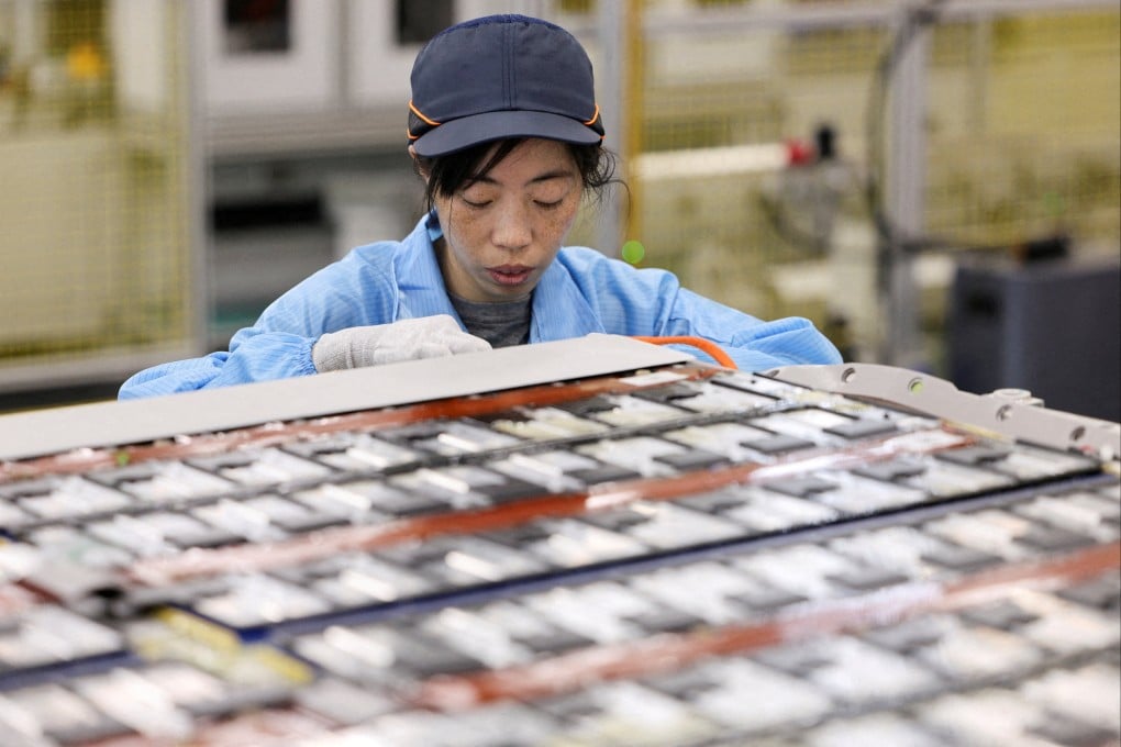 An employee works on a battery assembly line at the factory of Leap Energy, a unit of Leapmotor, during an organised media tour in Huzhou, Zhejiang province, China, on April 26. Photo: Reuters